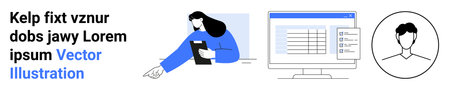 Technology, user interface, organization, professional management, teamwork, data systems. Woman...