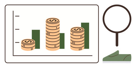 Coin stacks on bar graph for financial growth and profit analysis. Magnifying glass symbolizes detailed review, and paper plane signifies progress. Ideal for business, finance, investment, economyのイラスト素材