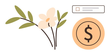 Delicate flower and leaves beside a dollar sign in a circle and a check box. Ideal for finance,...