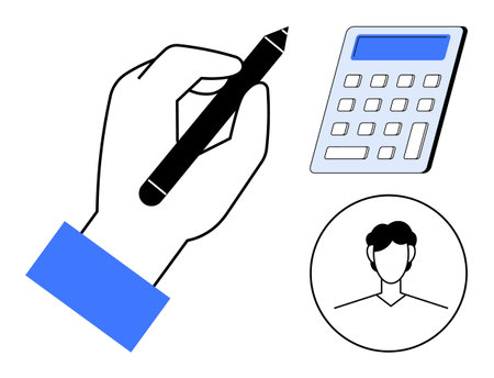 Business, calculation, communication, education, remote work, identity . A hand holds a pen near a calculator and a human profile icon. Business and calculation conceptsのイラスト素材