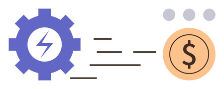 Purple gear with lightning bolt, dollar icon, and motion lines represent energy optimization and cost reduction. Ideal for finance, technology, sustainability, business, innovation, efficiencyのイラスト素材