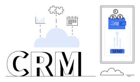 CRM concept. CRM tools integrated with cloud technology and mobile payment processes. CRM enhancing customer management, optimizing transactions and communication. For business, fintech, technologyのイラスト素材