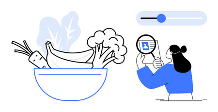 Healthy food concept. Healthy diet ed by fruits, vegetables in a bowl, and a woman analyzing data to make better lifestyle choices. For nutrition, wellness apps, health education, meal planning, foodのイラスト素材