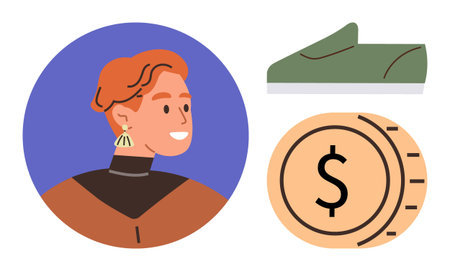 Woman with earrings, green shoe, and coin symbolizing fashion, shopping, lifestyle, money, consumerism, budgeting and choices. Ideal for retail business personal finance marketing and simpleのイラスト素材