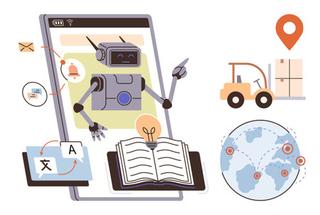 Robot interacts with open book, tablet, notifications, and global map linking locations. Ideal for education, automation, logistics, AI translation innovation communication. Simple flat metaphorのイラスト素材