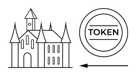 Token concept. A  design alongside a token symbol with a directional arrow. Token usage in gaming, digital economy, medieval concepts, blockchain transactions, and rewards systemsのイラスト素材