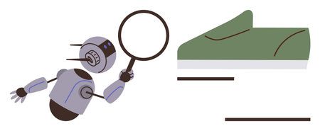 Robot holding a magnifying glass examines a green shoe, representing analysis, AI, research, quality control. Ideal for technology, innovation, e-commerce, robotics artificial intelligenceのイラスト素材