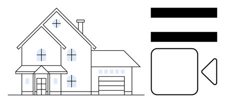 Two-story house with garage, windows, and chimney alongside video-related interface elements. Ideal for real estate, home automation, smart living, video communication, online tours, technologyのイラスト素材