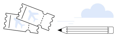 Travel planning, creative writing, trip organization, journey preparation, ticket booking, vacation ideas. Two airplane tickets, pencil and cloud. Travel planning and creative writing conceptのイラスト素材