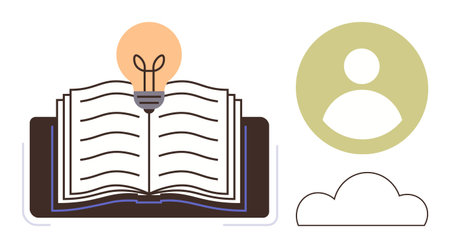 Open book with glowing light bulb on pages, person icon, and cloud. Ideal for education, learning, creativity, innovation, knowledge transfer personal growth and digital solutions. A simple flatのイラスト素材