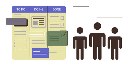 Kanban-style board with tasks in stages To Do, Doing, Done and three team members. Ideal for teamwork, organization, productivity, workflow, project planning management task tracking. Simple flatのイラスト素材