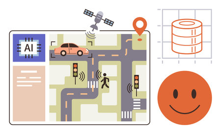 AI monitoring city traffic via sensors, satellite, and map, showing efficient navigation,...