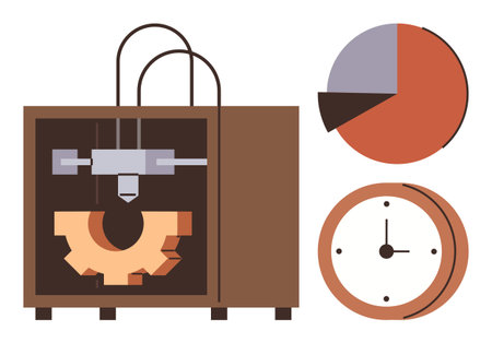 3D printer fabricating a mechanical gear, accompanied by a clock and a pie chart symbolizing time...