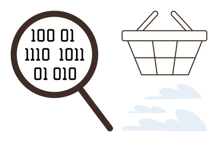 Magnifying glass inspecting binary code beside an empty shopping basket. Ideal for technology, e-commerce, data analysis, online shopping, market research, digital transformation, innovation. Simpleのイラスト素材