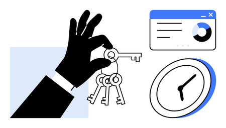 Access control, key management, time tracking, business solutions, security analytics, data integration. Hand holding keys with a clock and a data chart icon. Access control and time tracking conceptのイラスト素材