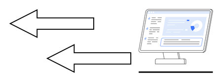 Data transfer, communication, analytics, business workflow, digital process, technology. Two arrows pointing to and from a computer screen showing a dashboard with charts. Data transferのイラスト素材