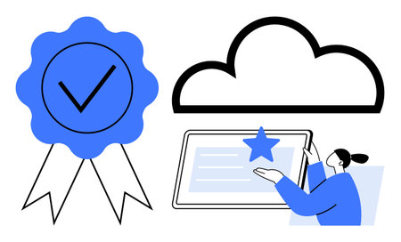 Cloud computing, data security, certification, online services, recognition, technology tools. A ribbon with a checkmark, a cloud icon and a person interacting with a tablet. Cloud computingのイラスト素材