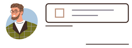 Bearded man portrait next to a task interface box with checklist items and text lines. Ideal for work productivity, personal organization, technology, to-do lists, digital platforms, self-managementのイラスト素材