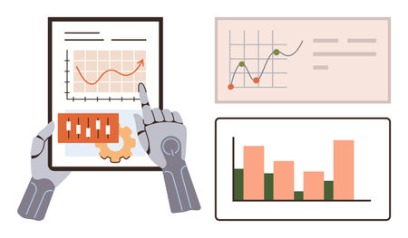 Robotic hands interacting with tablet displaying charts and processing data. Bar graphs, trends, and mechanical gear. Ideal for AI, technology, analytics, automation, robotics future innovationのイラスト素材