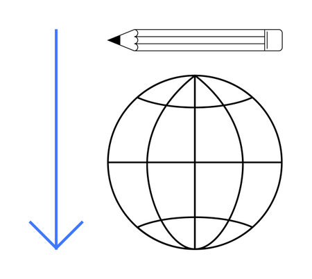Education, navigation, design, creativity, globalization, and direction. A blue arrow, a pencil and a wireframe globe. Education and navigation with creative and global connectionsのイラスト素材