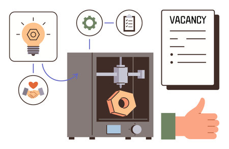 3D printer creating a hexagonal object, lightbulb for idea, handshake for teamwork, gear for...
