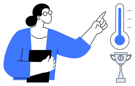 Achievement concept. Professional businesswoman pointing at thermometer with high levels. Achievement through trophy. Ideal for topics on goals, motivation, success. business success, motivationのイラスト素材