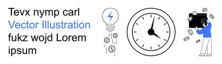 Business planning, time management, savings, innovation, investment, personal finance. Lightbulb with financial symbols, clock man collecting coins. Business planning and time managementのイラスト素材