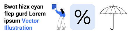 Business, finance, insurance, risk management, learning, education. A person holds a book, a percentage symbol and an umbrella icon. Business and insurance concepts visuallyのイラスト素材