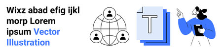 Networking, team collaboration, document management, online communication, digital connectivity, professional exchange. Stylized icons showing connected users, documents, and a person presentingのイラスト素材