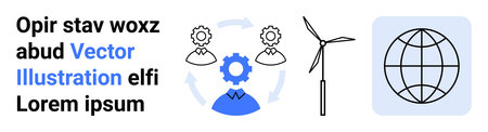 Sustainable energy, global teamwork, renewable energy, technical processes, innovation, and global connection. Icons showing gears, globe wind turbines and collaboration symbols. Sustainable energyのイラスト素材