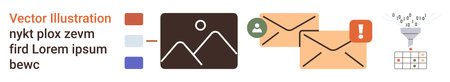 Email marketing, digital communication, messaging system, data sorting, notification alerts, IT workflow. Envelopes with icons, data funnel visual. Email marketing and digital communication conceptのイラスト素材