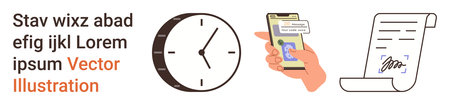 Time management, digital signing, communication, efficiency, electronic documents, business processes. Clock, hand using a smartphone for signing and a signed document. Time management and digitalのイラスト素材