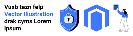 Technology, data protection, cybersecurity, digital privacy, identity verification, authentication. A shield with a lock, abstract icon and person scanning a QR code. Data protectionのイラスト素材