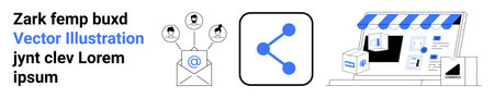 Marketing, communication, e-commerce, social media, networking, connectivity. Visuals of email icons, share button and an online storefront. Marketing and e-commerce conceptのイラスト素材
