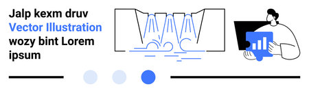 Waterfall diagram and person examining data insights on laptop screen with analytics icon. Ideal for data analytics, tech guides, infographics, business, education, research, presentations, simpleのイラスト素材