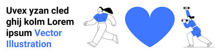Fitness, health, exercise motivation, emotional well-being, active lifestyle, physical activity. Two characters exercising with a central blue heart icon. Fitness and health conceptsのイラスト素材