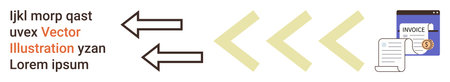 Business process, direction planning, financial management, workflow organization, data transfer, invoicing. Arrows pointing towards an invoice document with text adjacent. Business processのイラスト素材