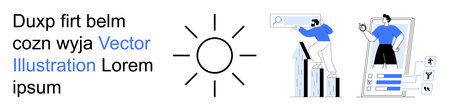 Data technology, online interaction, user interface, search optimization, digital tools, mobile connectivity. Minimalist sun icon, person searching and mobile UI. Online interaction and searchのイラスト素材