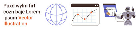 Data analysis, artificial intelligence, digital security, automation, financial management, online tools. ion of graphs, a robot and a globe. Data analysis and AI automation conceptのイラスト素材