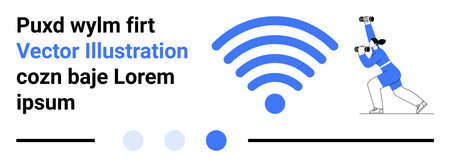 wireless icon with radiating signal waves, person using binoculars in search, modern text elements. Ideal for technology, connection, exploration, communication, innovation, search simple landingのイラスト素材
