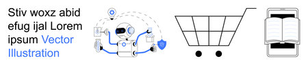 E-commerce, artificial intelligence, automation, online shopping, digital learning, technology transformation. Robot with automation tools, shopping cart book on smartphone. E-commerceのイラスト素材