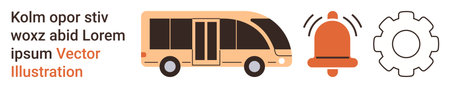 Urban mobility, technology integration, public transport, notifications, system efficiency, travel management. Image of a bus, bell and gear symbol. Urban mobility and technology integration conceptのイラスト素材