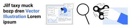 Data analysis, research tools, business productivity, analytics, understanding trends, evaluation. Charts and graphs, magnifying glass and a hand holding a spinner. Data analysis and research toolsのイラスト素材