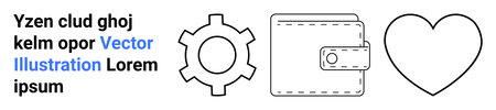 Gear, wallet, and heart shapes symbolize technology, finance, and emotion. Ideal for business, innovation, fintech, productivity minimalism creativity simple landing pageのイラスト素材