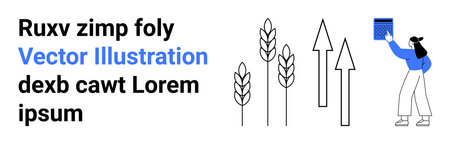 Sustainable farming, economic growth, agricultural development, food production, harvest planning, crop yield. Wheat stalks, upward arrows and person lifting a basket. Agricultural growth and foodのイラスト素材