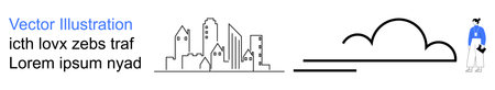 Urban planning, graphic design, creative concepts, storytelling, architectural elements, simplicity. Minimal urban skyline, cloud symbol human figure. Urban planning and graphic design themeのイラスト素材