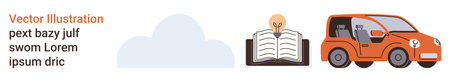 Education, transportation, innovation, knowledge sharing, creativity, learning tools. A cloud icon, an open book with bulb and a car. Education and transportation concept visuallyのイラスト素材