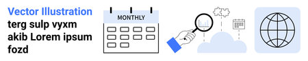 Time management, global collaboration, research trends, scheduling, data analytics, and cloud solutions. A calendar, magnifying glass over a cloud and globe icon. Time management and globalのイラスト素材