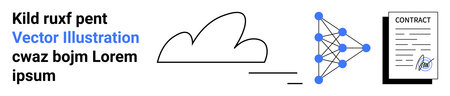 Data security, automation, machine learning, cloud computing, digital contracts, neural networks. Abstract cloud, connected neural nodes and a signed contract. Cloud computing and data securityのイラスト素材