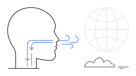 Breathing concept. Diagram showing airflow in human lungs, emphasizing respiration and environmental connection. Breathing is vital for health, sustainability, and clean air. For health, environmentのイラスト素材
